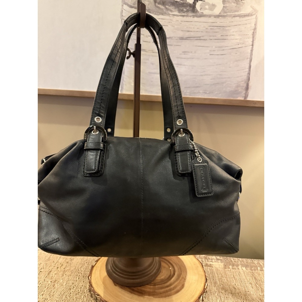 COACH SOHO 2 WAY BLACK GLOVE TAN LEATHER LARGE SHOPPER TOTE  F17220